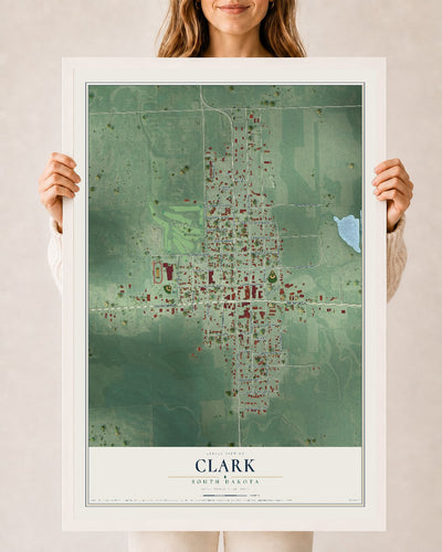 Map of Clark, South Dakota, 24 x 36 inch print in a white wood frame