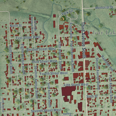 Close-up of the map of Clear Lake, South Dakota print showing street and building detail