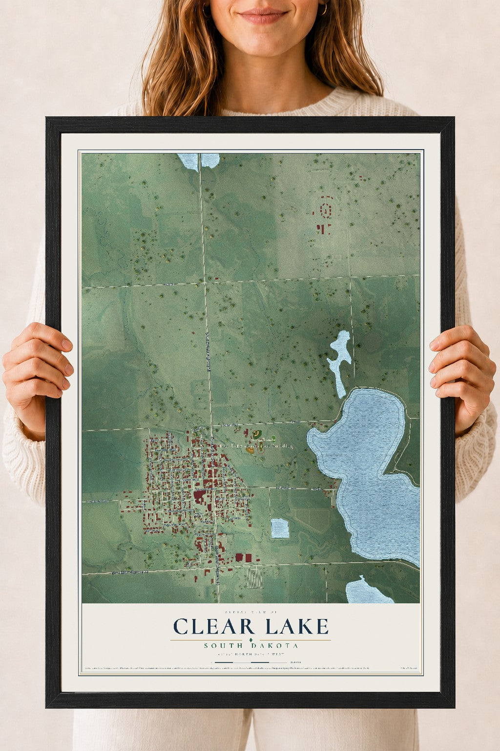 Map of Clear Lake, South Dakota, 18 x 24 inch print in a black wood frame