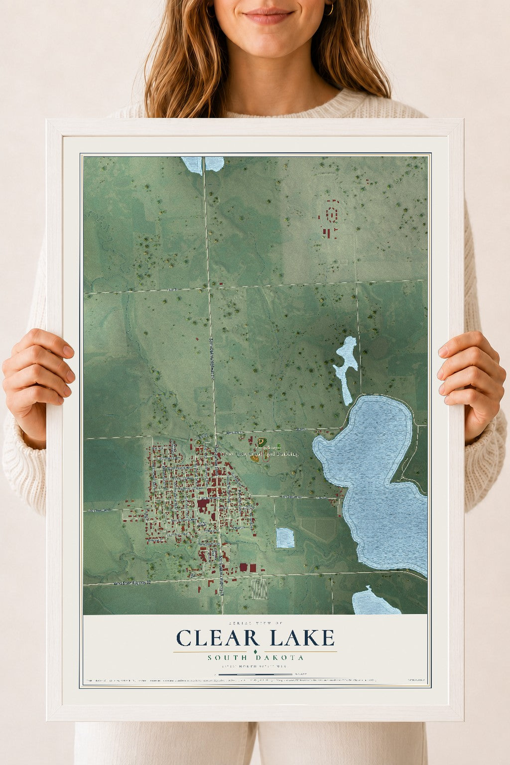 Map of Clear Lake, South Dakota, 18 x 24 inch print in a white wood frame