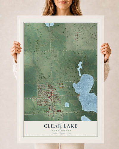 Map of Clear Lake, South Dakota, 24 x 36 inch print in a white wood frame