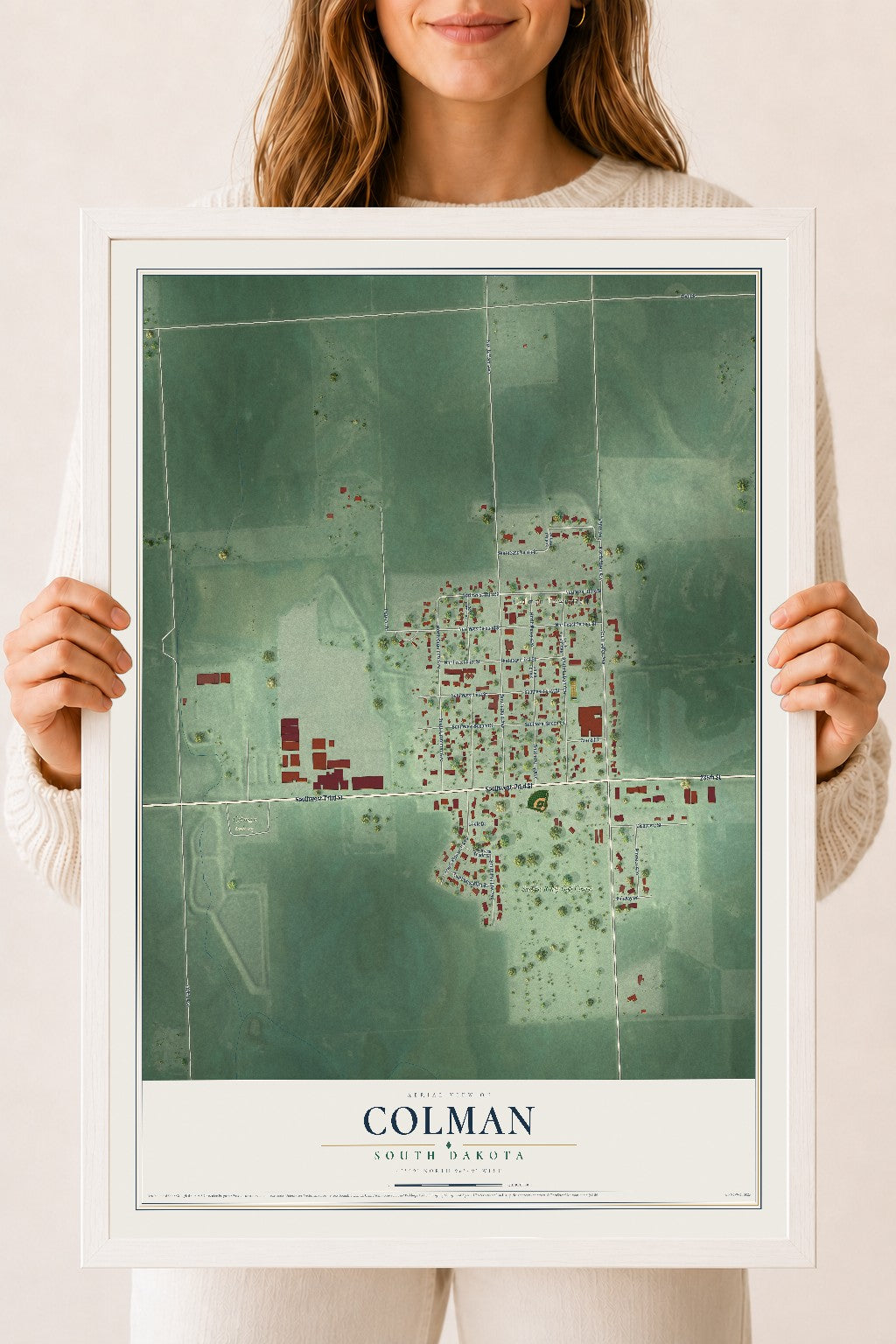 Map of Colman, South Dakota, 18 x 24 inch print in a white wood frame