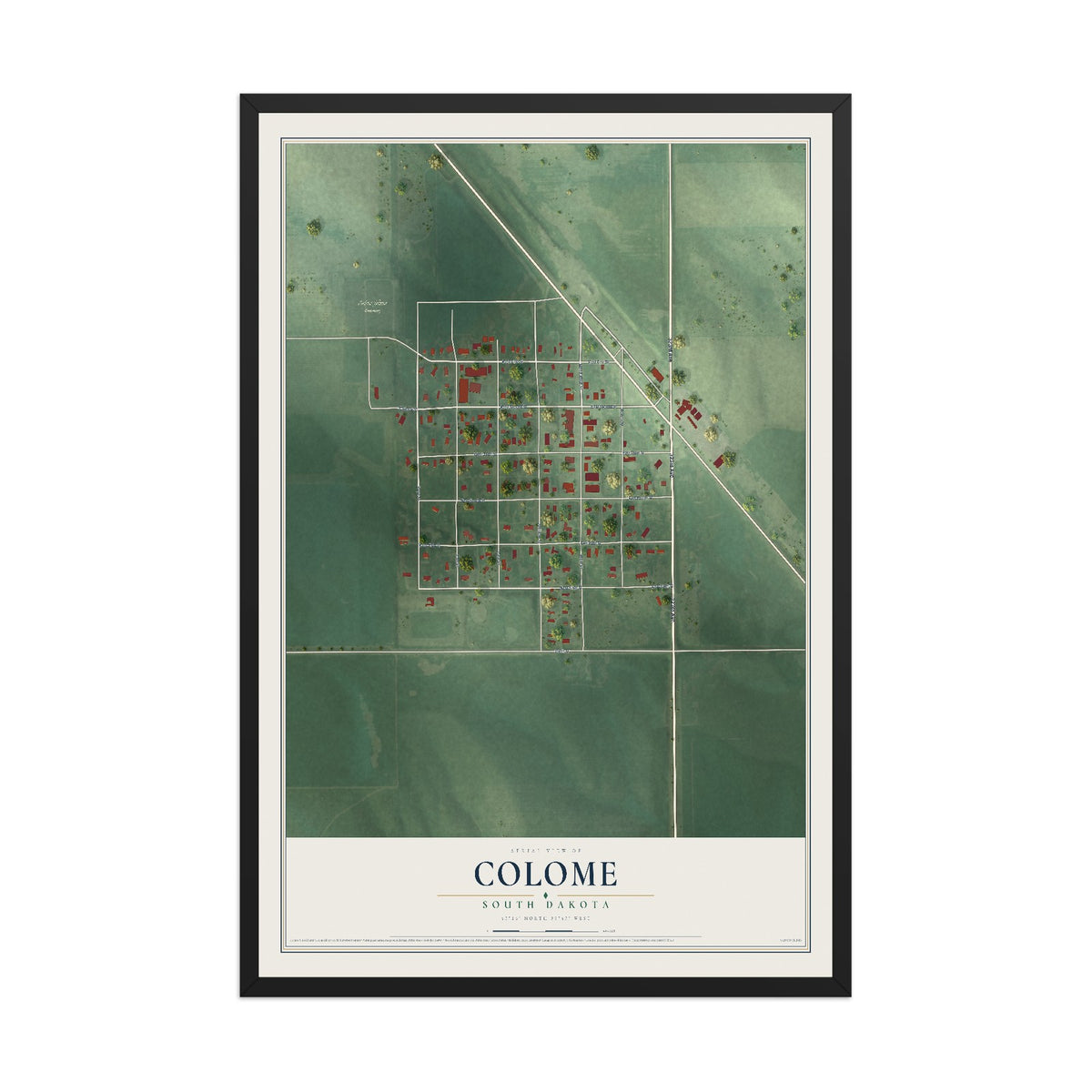 Map of Colome, South Dakota, 12 x 18 inch print in a black wood frame