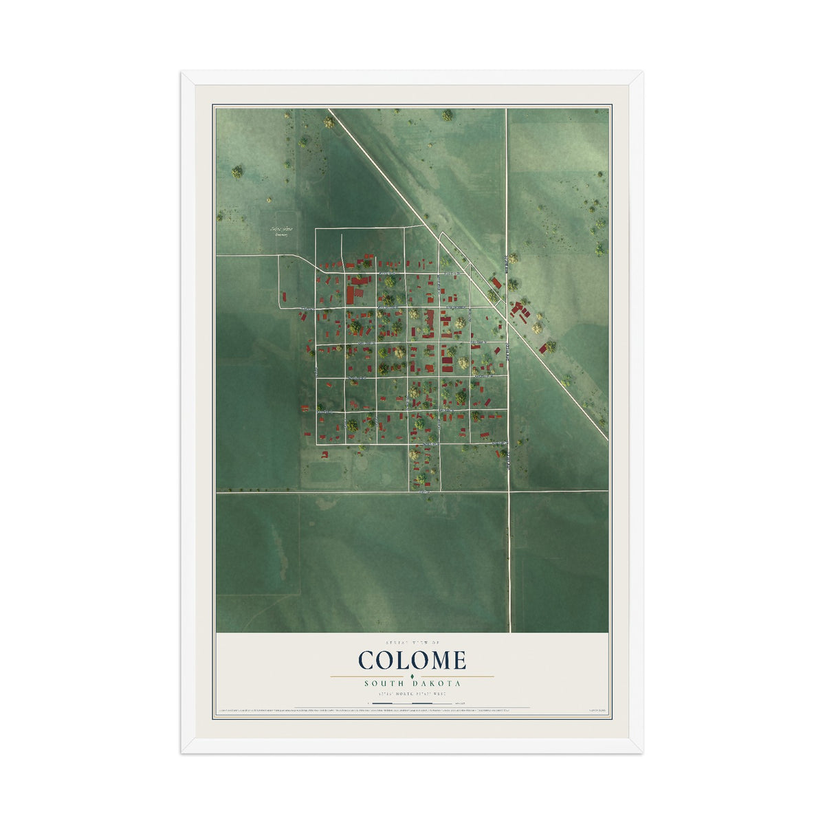 Map of Colome, South Dakota, 12 x 18 inch print in a white wood frame