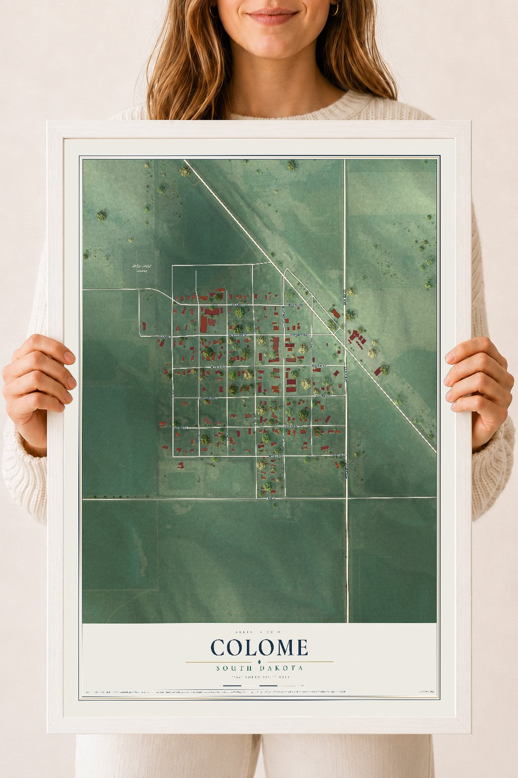 Map of Colome, South Dakota, 18 x 24 inch print in a white wood frame