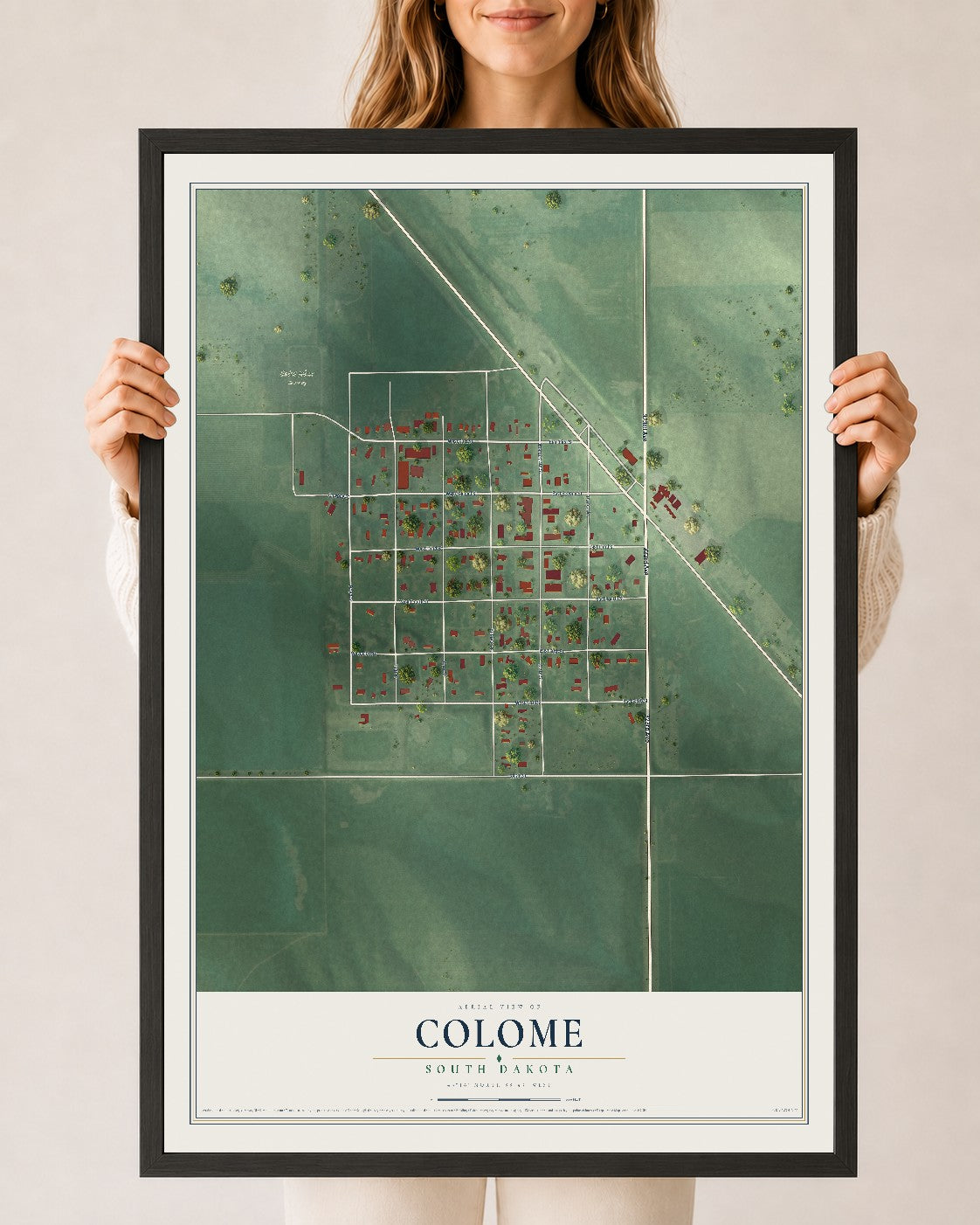 Map of Colome, South Dakota, 24 x 36 inch print in a black wood frame