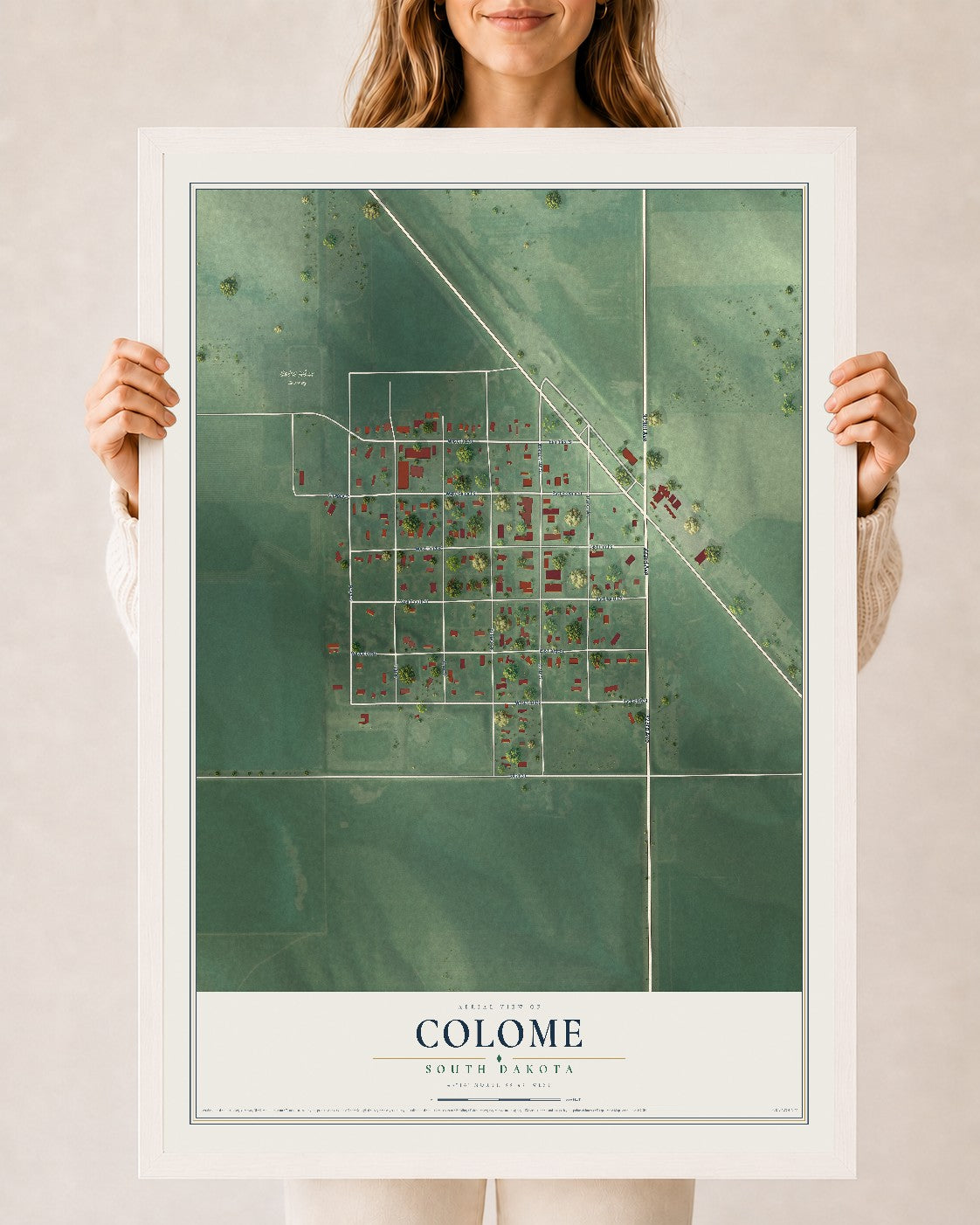 Map of Colome, South Dakota, 24 x 36 inch print in a white wood frame