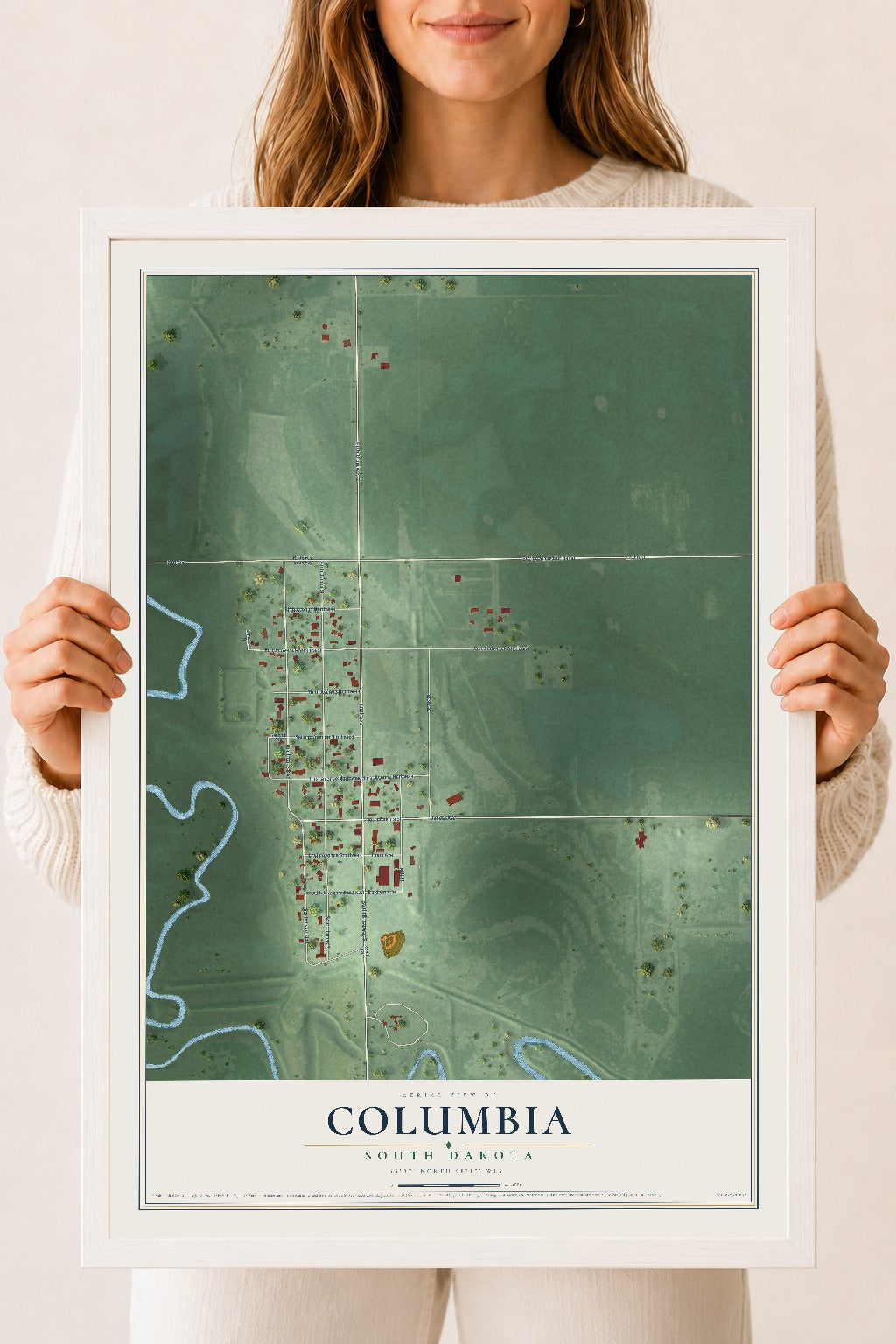 Map of Columbia, South Dakota, 18 x 24 inch print in a white wood frame