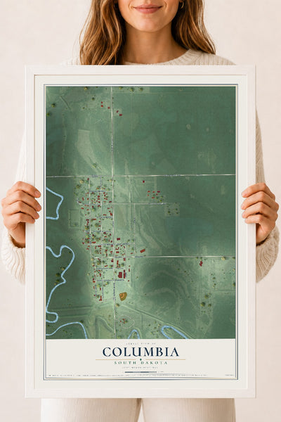 Map of Columbia, South Dakota, 18 x 24 inch print in a white wood frame