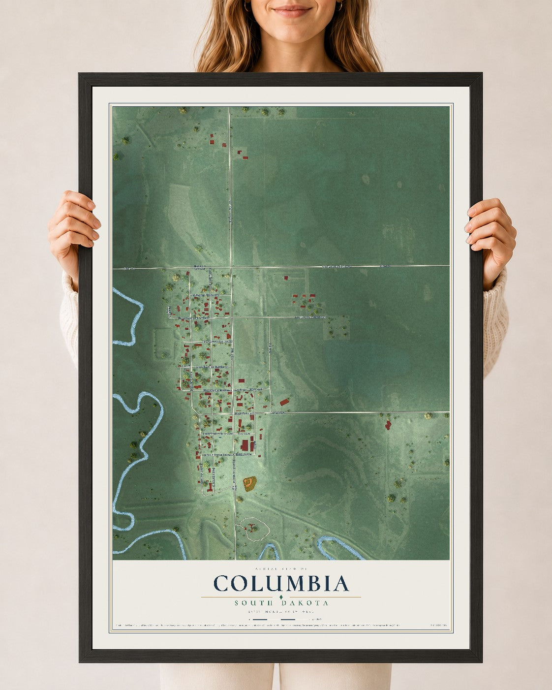 Map of Columbia, South Dakota, 24 x 36 inch print in a black wood frame