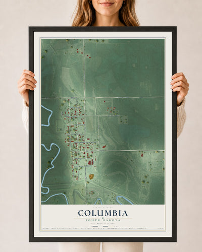 Map of Columbia, South Dakota, 24 x 36 inch print in a black wood frame