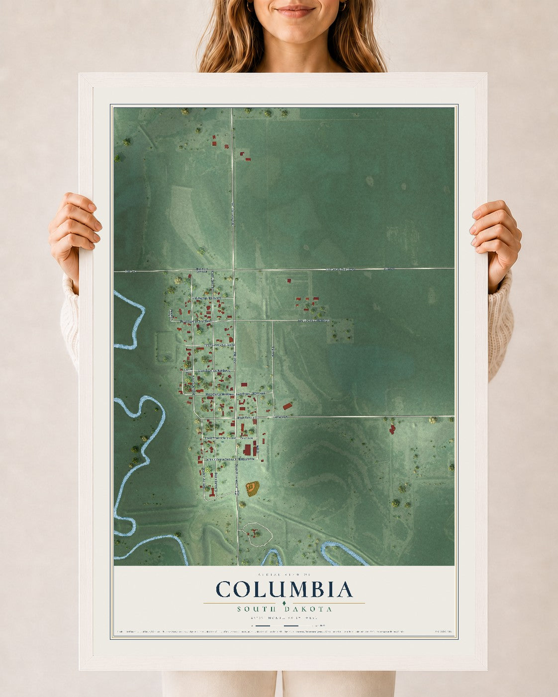 Map of Columbia, South Dakota, 24 x 36 inch print in a white wood frame