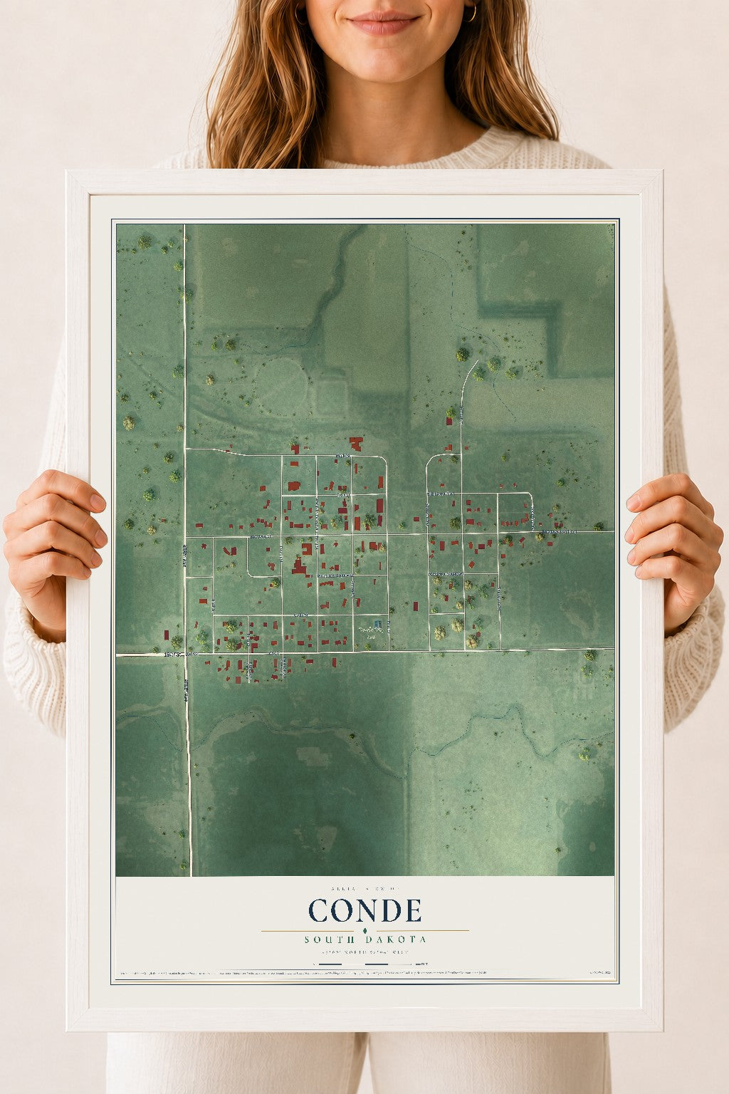 Map of Conde, South Dakota, 18 x 24 inch print in a white wood frame