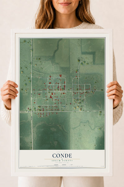 Map of Conde, South Dakota, 18 x 24 inch print in a white wood frame
