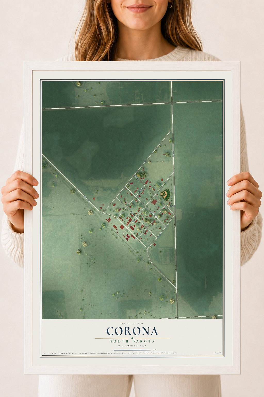 Map of Corona, South Dakota, 18 x 24 inch print in a white wood frame