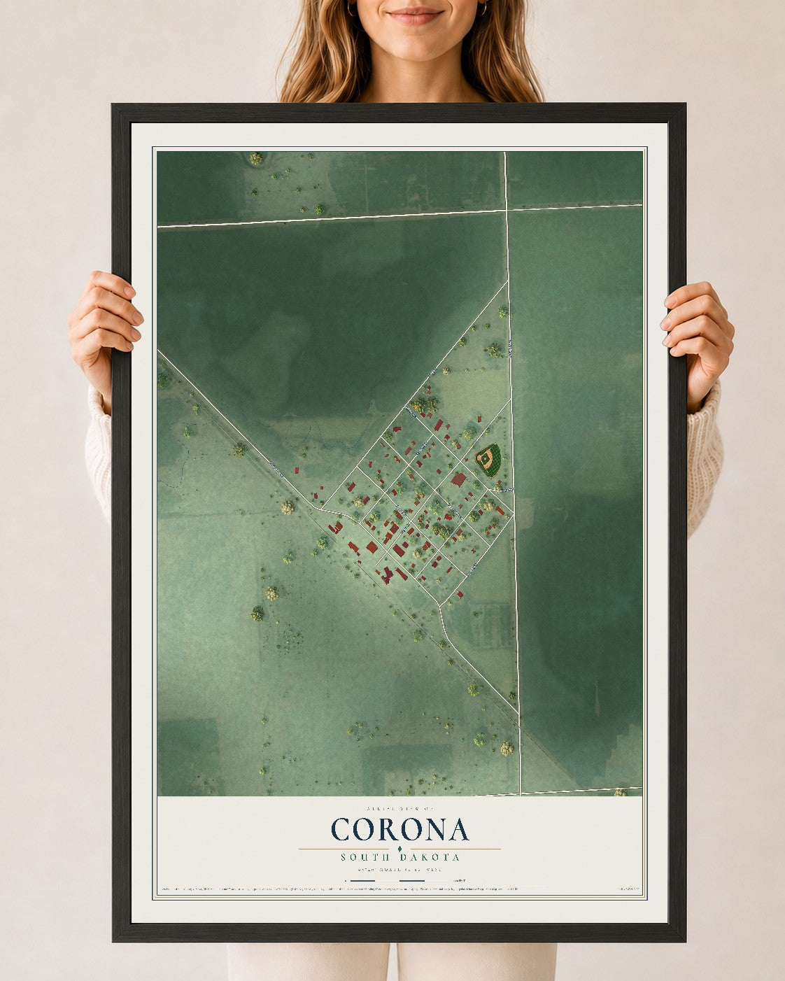 Map of Corona, South Dakota, 24 x 36 inch print in a black wood frame