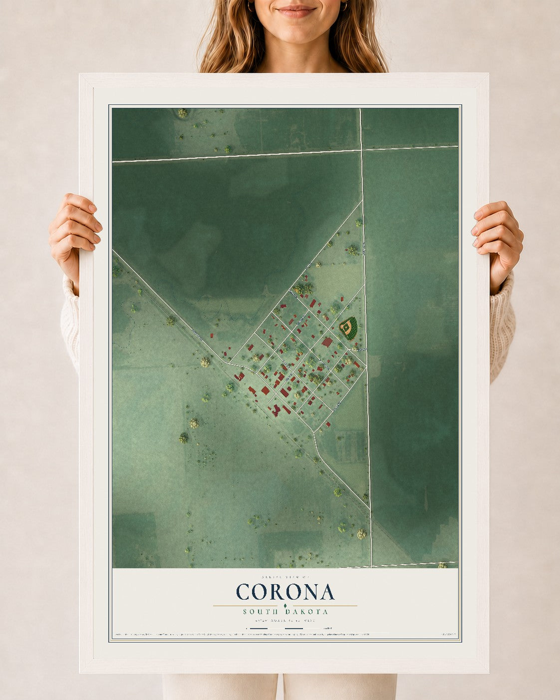 Map of Corona, South Dakota, 24 x 36 inch print in a white wood frame