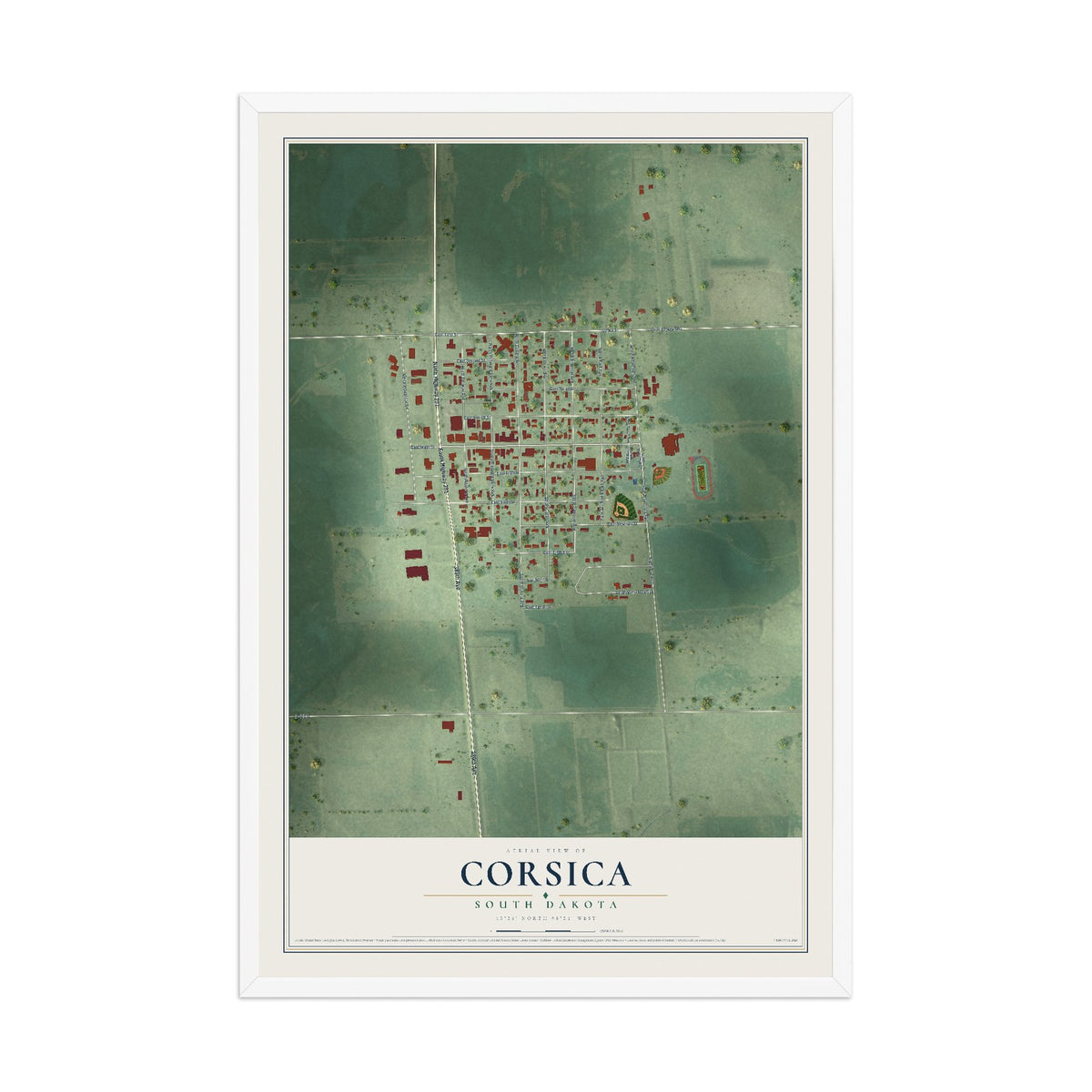 Map of Corsica, South Dakota, 12 x 18 inch print in a white wood frame