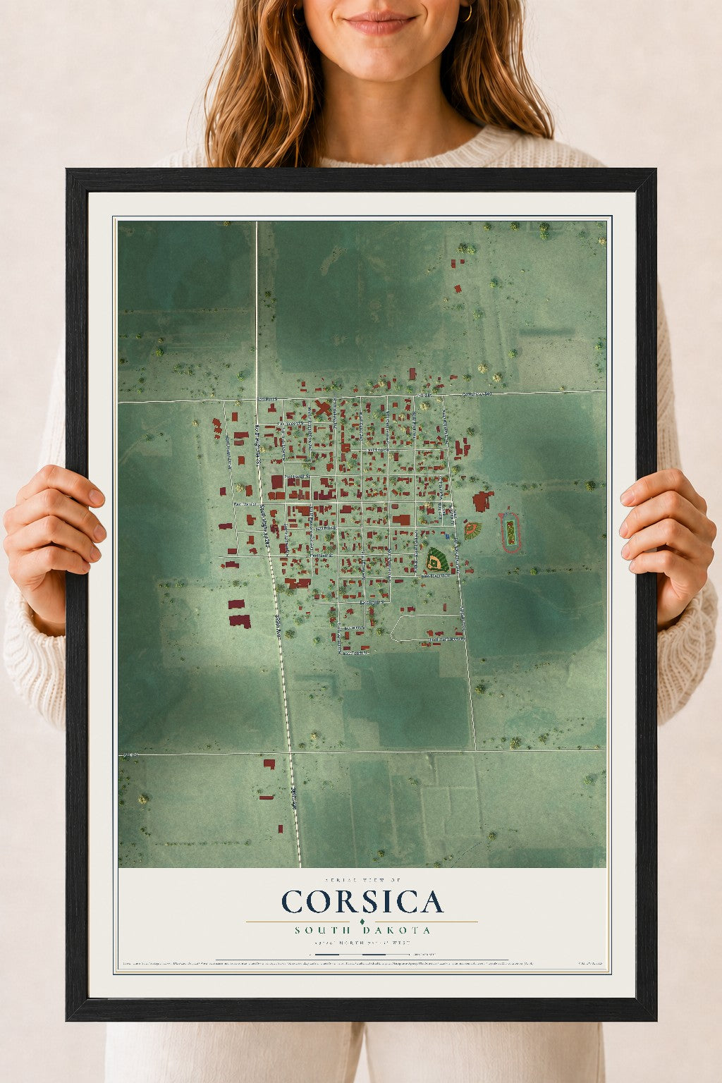 Map of Corsica, South Dakota, 18 x 24 inch print in a black wood frame