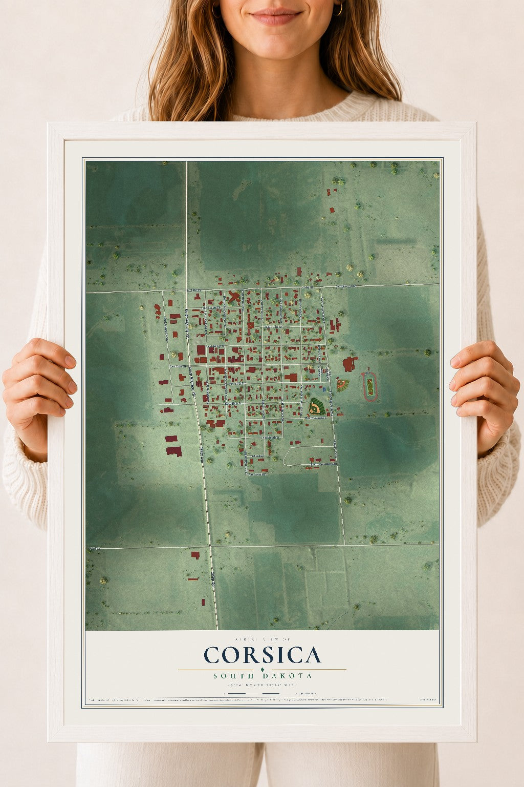 Map of Corsica, South Dakota, 18 x 24 inch print in a white wood frame