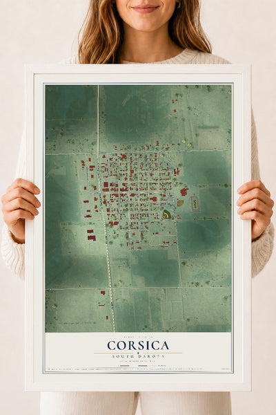 Map of Corsica, South Dakota, 18 x 24 inch print in a white wood frame
