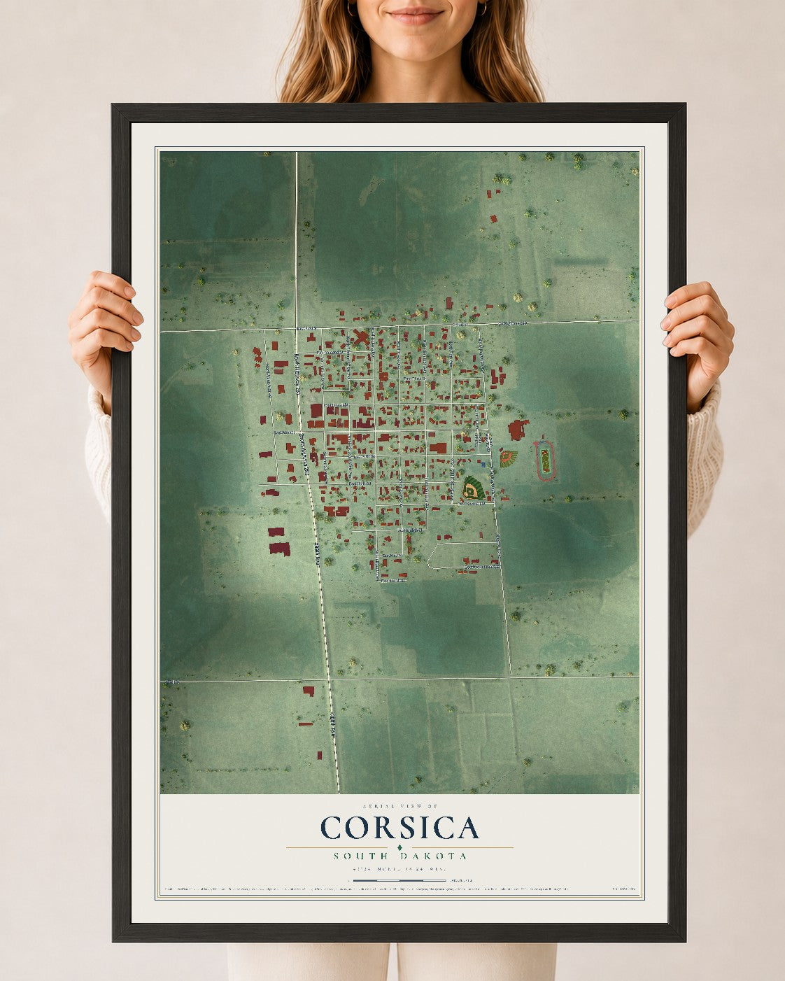 Map of Corsica, South Dakota, 24 x 36 inch print in a black wood frame