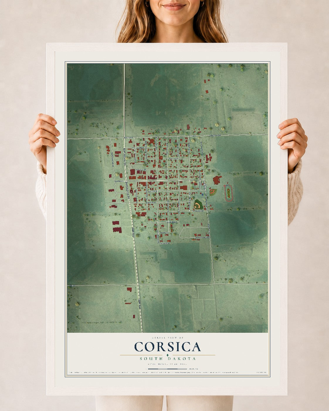 Map of Corsica, South Dakota, 24 x 36 inch print in a white wood frame