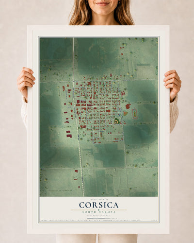Map of Corsica, South Dakota, 24 x 36 inch print in a white wood frame