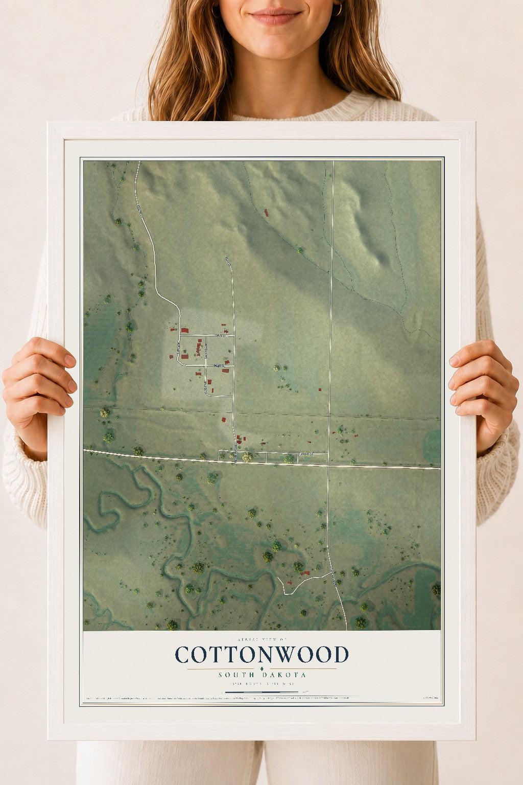 Map of Cottonwood, South Dakota, 18 x 24 inch print in a white wood frame