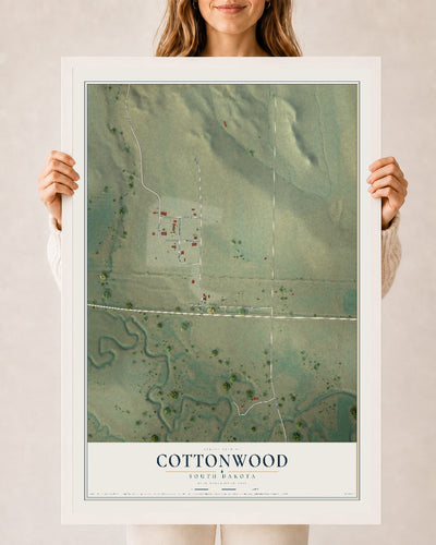 Map of Cottonwood, South Dakota, 24 x 36 inch print in a white wood frame