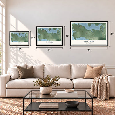 Cow Creek, South Dakota map in 12 x 18, 18 x 24 and 24 x 36 inch sizes above a sofa