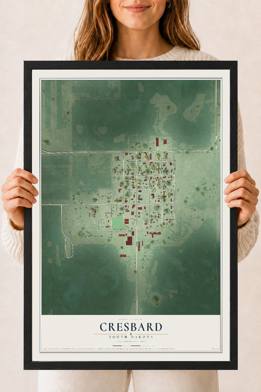 Map of Cresbard, South Dakota, 18 x 24 inch print in a black wood frame
