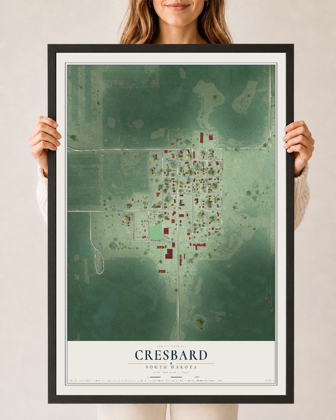 Map of Cresbard, South Dakota, 24 x 36 inch print in a black wood frame