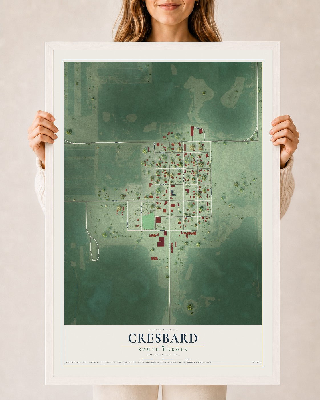 Map of Cresbard, South Dakota, 24 x 36 inch print in a white wood frame