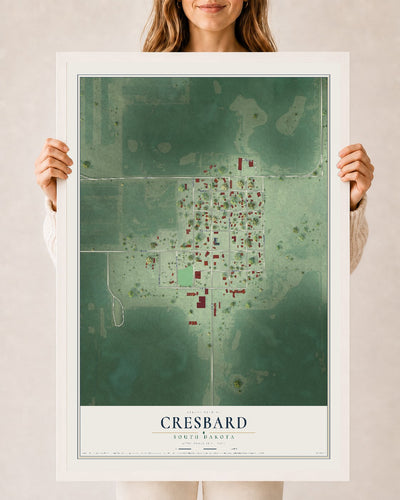 Map of Cresbard, South Dakota, 24 x 36 inch print in a white wood frame