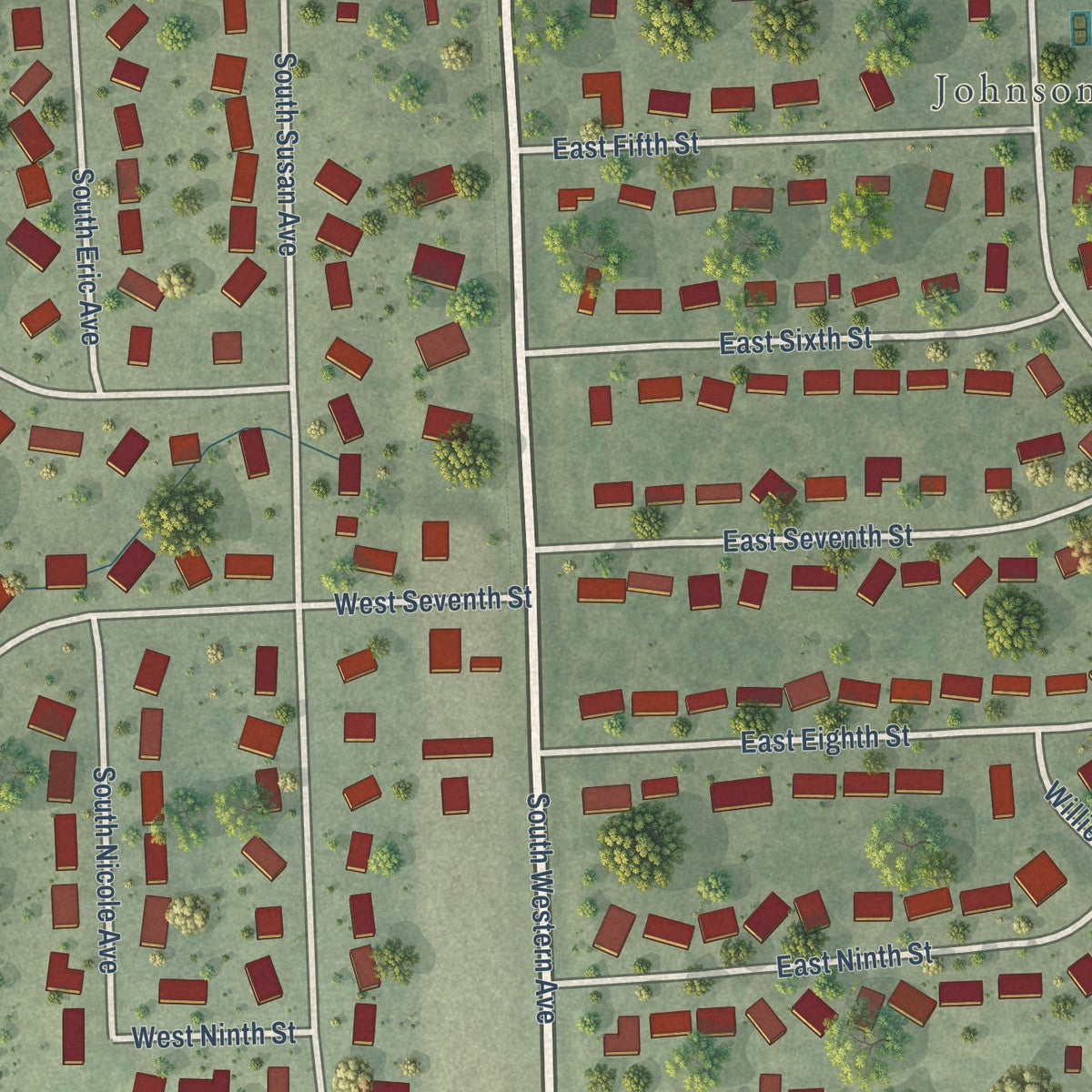 Close-up of the map of Crooks, South Dakota print showing street and building detail