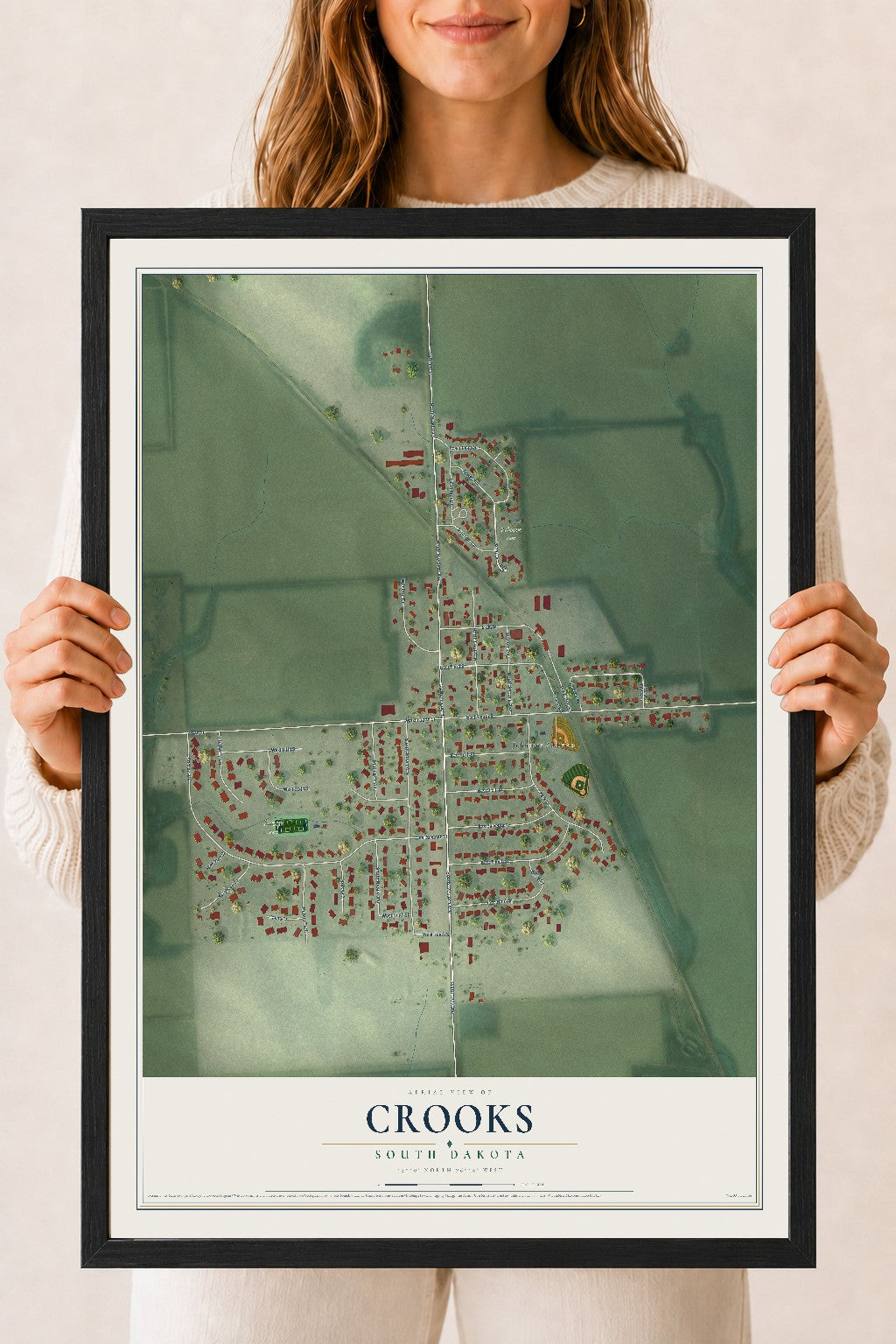 Map of Crooks, South Dakota, 18 x 24 inch print in a black wood frame