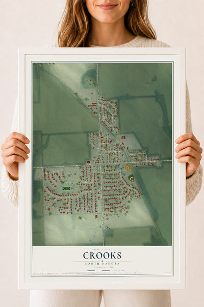 Map of Crooks, South Dakota, 18 x 24 inch print in a white wood frame