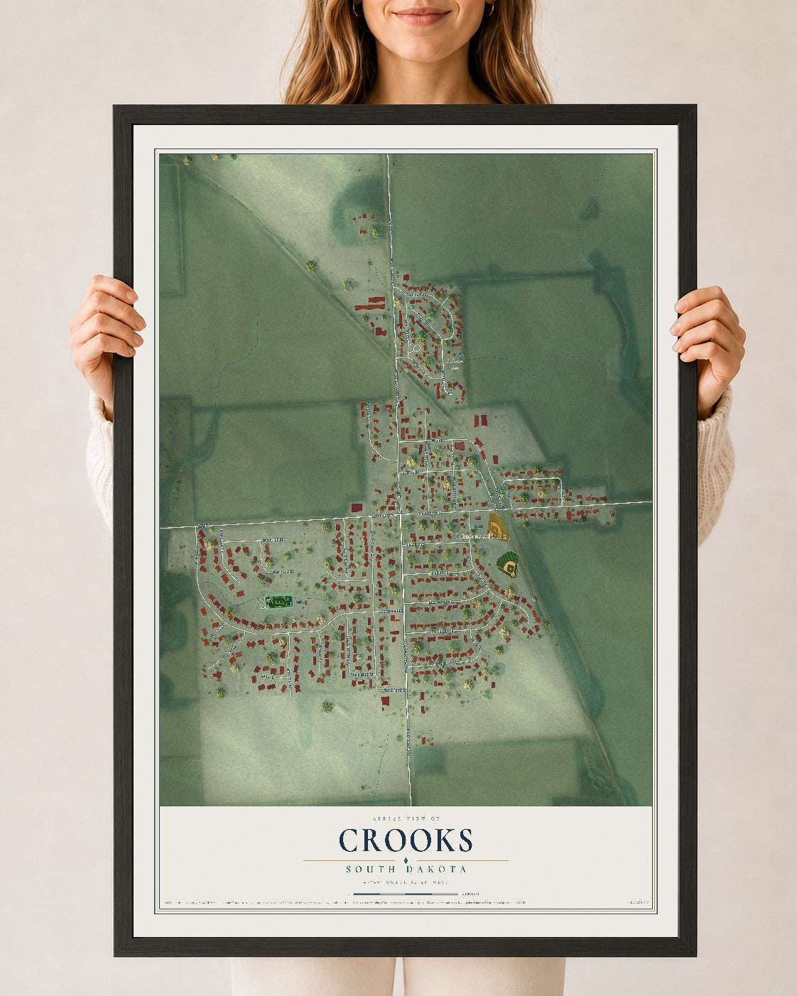 Map of Crooks, South Dakota, 24 x 36 inch print in a black wood frame