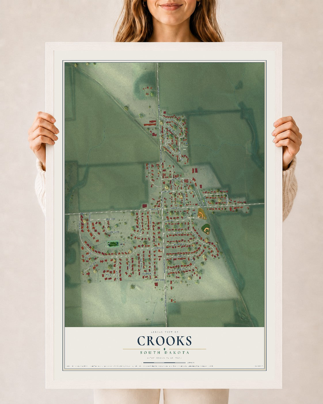 Map of Crooks, South Dakota, 24 x 36 inch print in a white wood frame