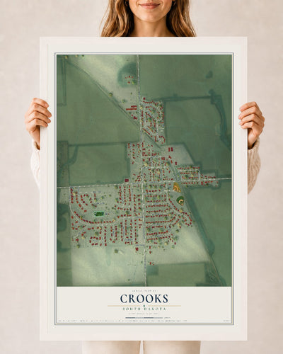 Map of Crooks, South Dakota, 24 x 36 inch print in a white wood frame