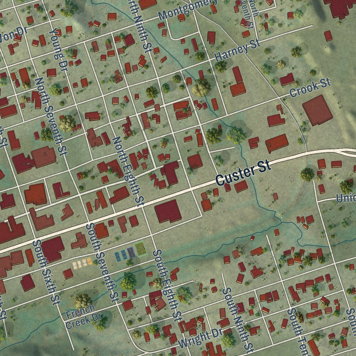 Close-up of the map of Custer, South Dakota print showing street and building detail