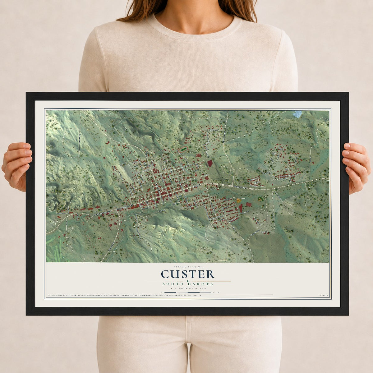 Map of Custer, South Dakota, 12 x 18 inch print in a black wood frame