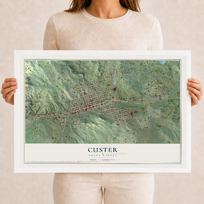 Map of Custer, South Dakota, 12 x 18 inch print in a white wood frame
