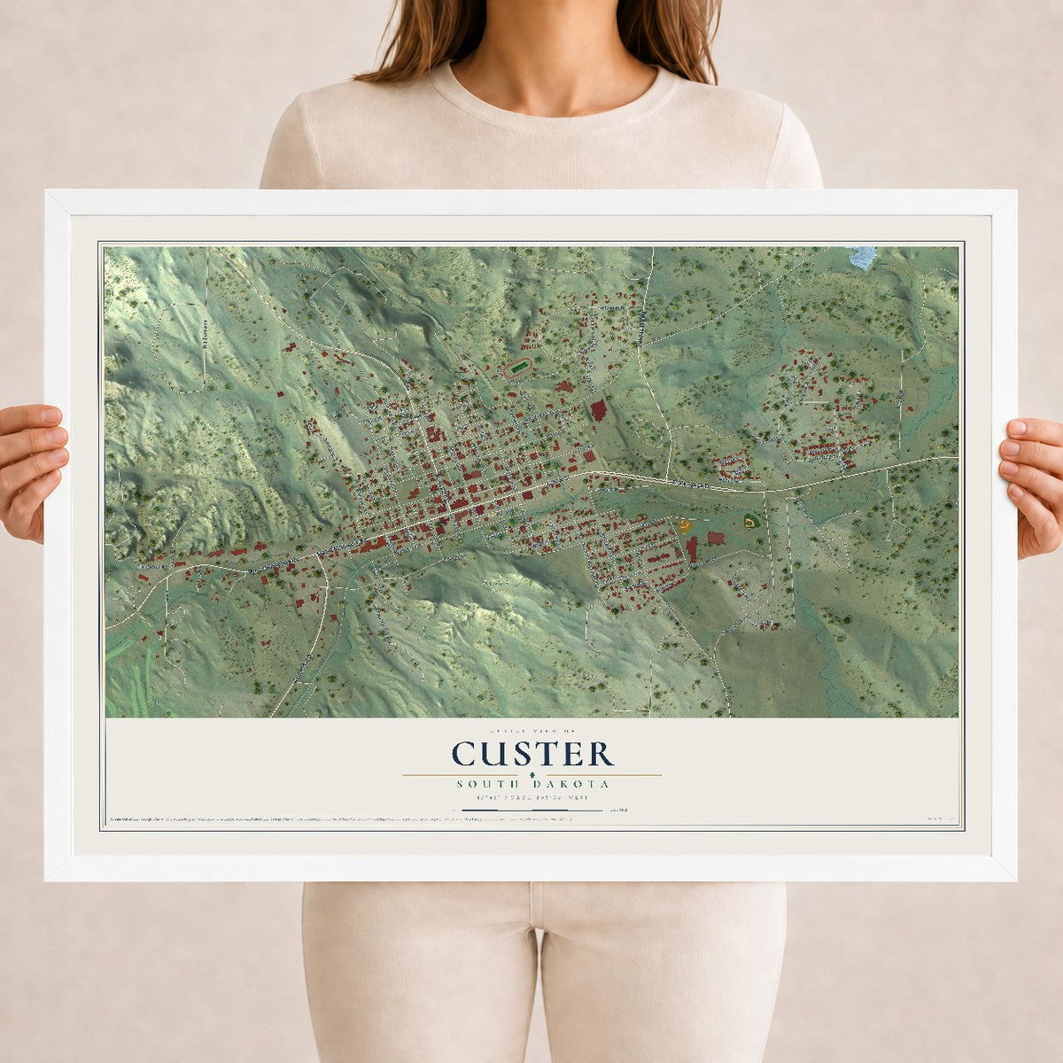 Map of Custer, South Dakota, 18 x 24 inch print in a white wood frame
