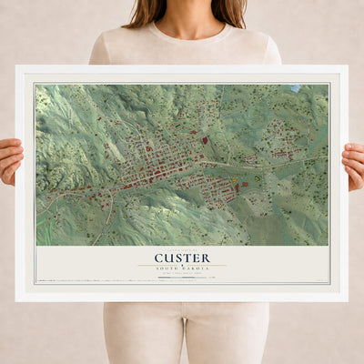 Map of Custer, South Dakota, 18 x 24 inch print in a white wood frame
