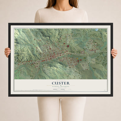 Map of Custer, South Dakota, 24 x 36 inch print in a black wood frame