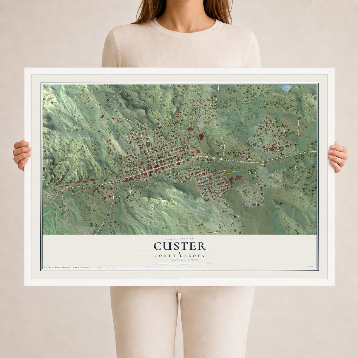 Map of Custer, South Dakota, 24 x 36 inch print in a white wood frame