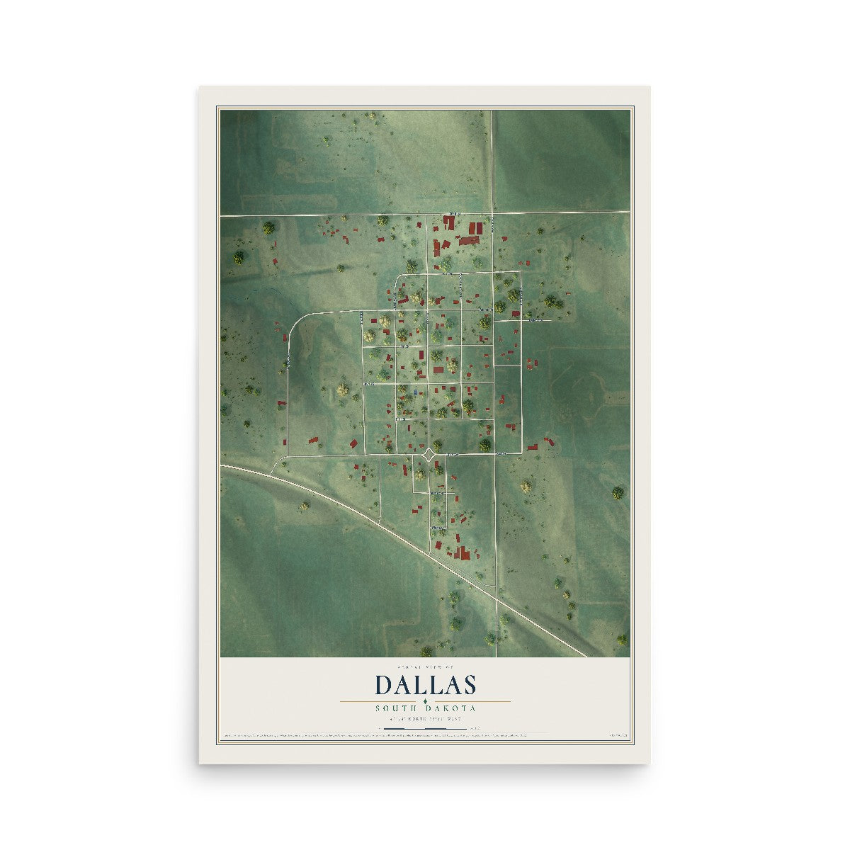 Map of Dallas, South Dakota, 12 x 18 inch unframed archival matte print