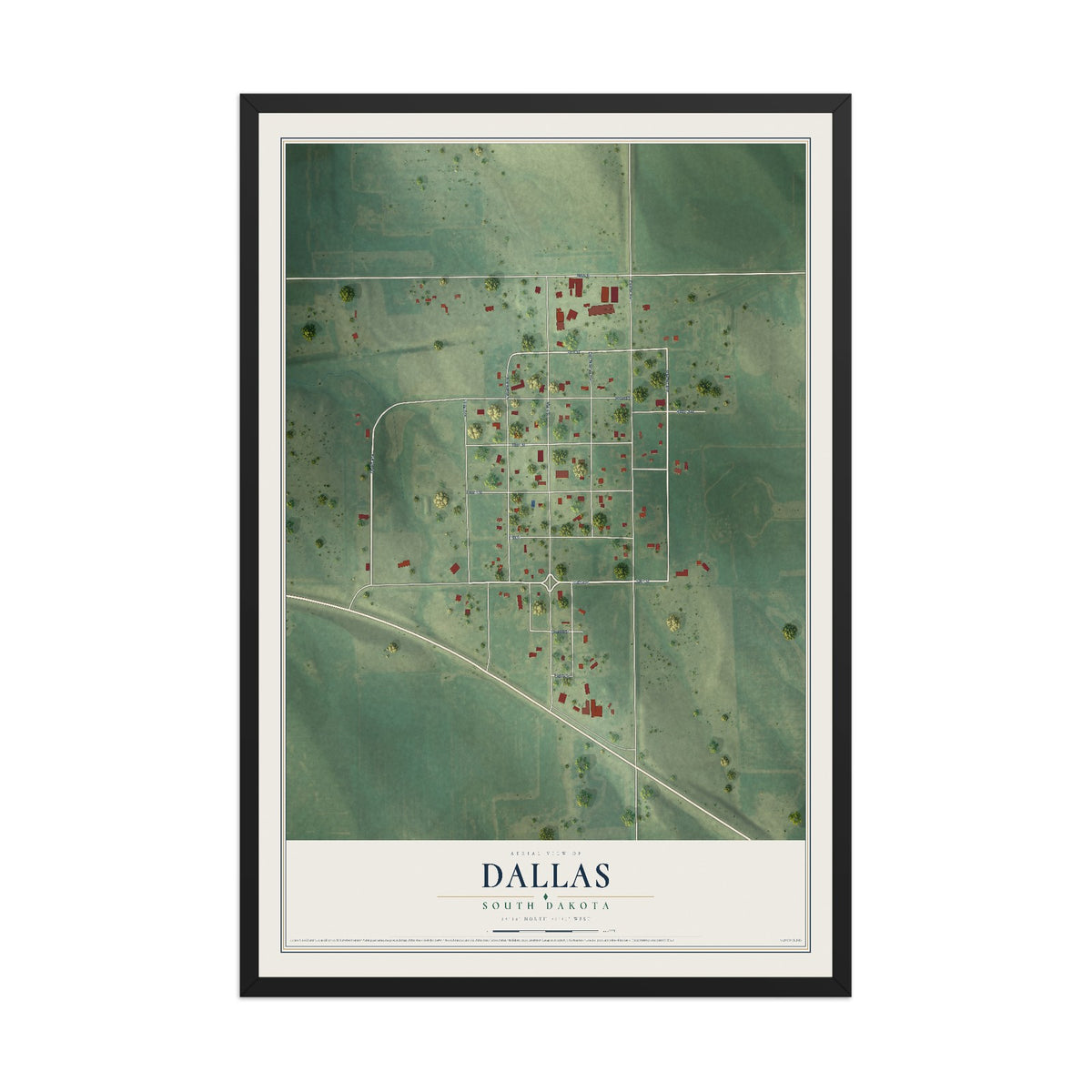 Map of Dallas, South Dakota, 12 x 18 inch print in a black wood frame